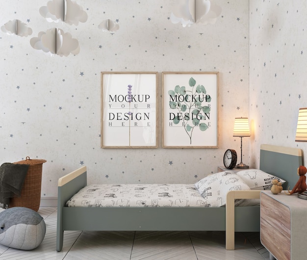 モダンな現代的な子供の寝室のモックアップポスターフレーム