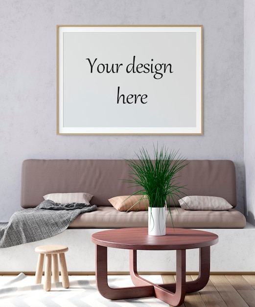 PSD mockup poster frame in interior in 3d illustration