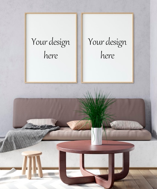 PSD mockup poster frame in interior in 3d illustration