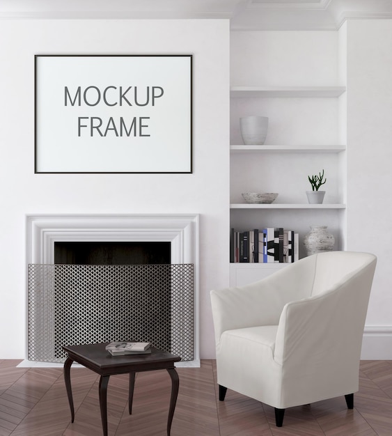 PSD mockup poster frame in interior 3d illustration