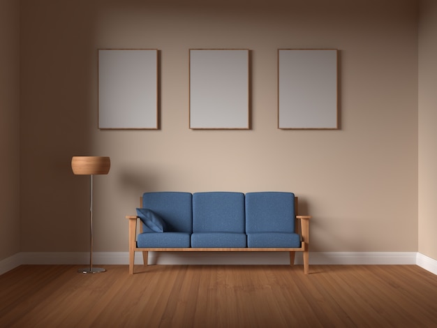 Mockup poster frame in interior living room with sofa