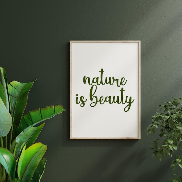 Mockup poster frame in minimalist interior background with dark green wall