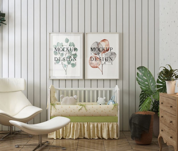 Mockup poster frame in modern baby's bedroom