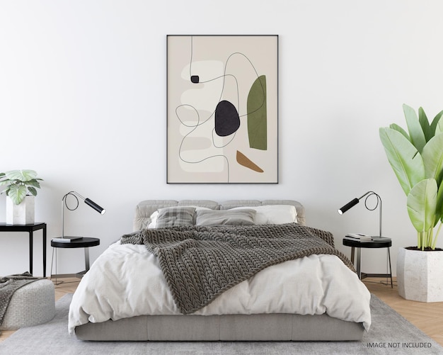 Mockup poster frame in modern bed room