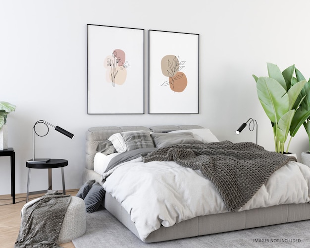 PSD cornice poster mockup in camera da letto moderna