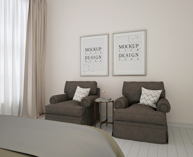 Mockup poster frame in modern bedroom