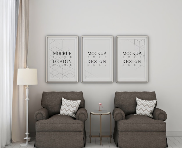 PSD mockup poster frame in modern classic bedroom with 2 sofas