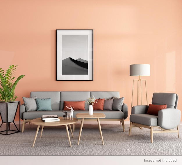 PSD cornice poster mockup in un soggiorno moderno in rendering 3d