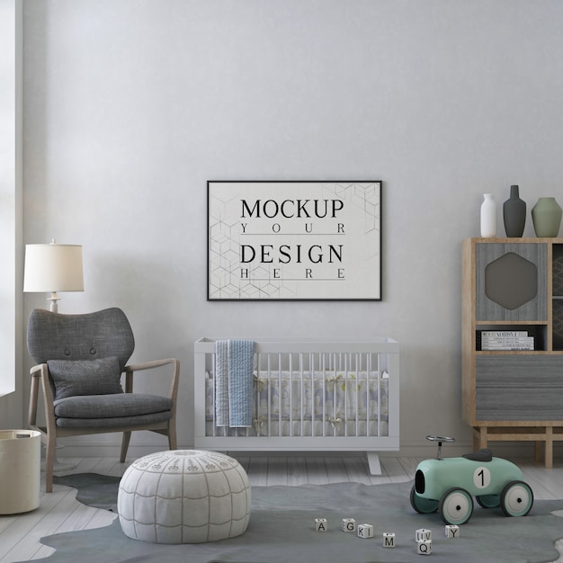 Mockup poster frame in modern nursery room