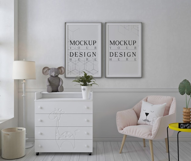 mockup poster frame in white nursery room with pink chair