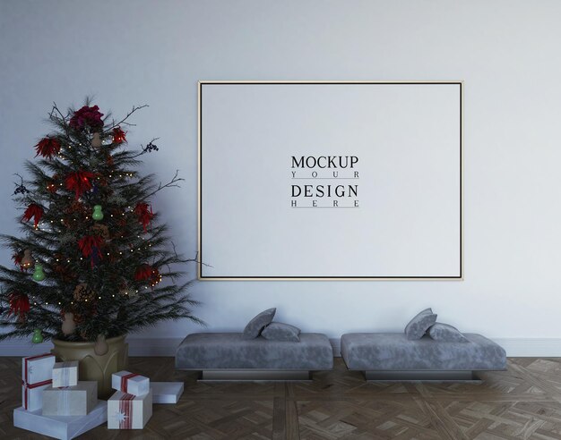 Mockup poster frame with christmas decoration and christmas tree