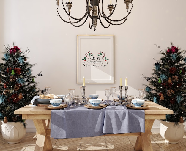 PSD mockup poster frame with christmas decoration and christmas tree