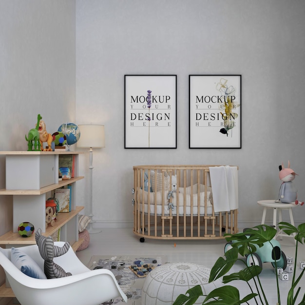 Fotogrammi di poster mockup in semplice camera dei bambini monocromatica Psd Premium