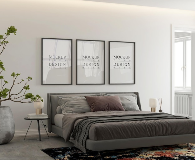 Mockup poster in moderne eigentijdse slaapkamer