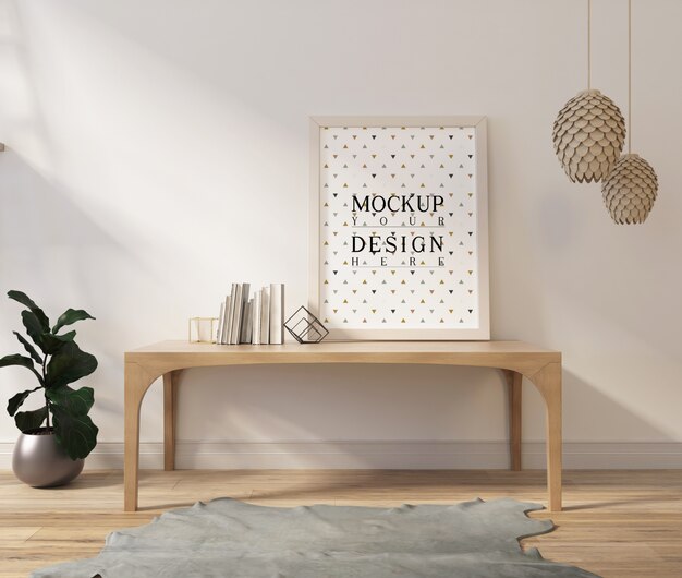 Mockup poster in moderne witte woonkamer met tafel en boeken