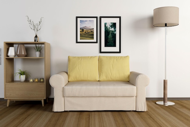 Mockup poster in moderne woonkamer interieur met lege muur