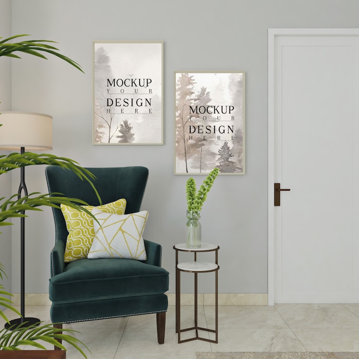 PSD mockup poster in modernliving kamer met fauteuil
