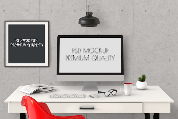 Mockup poster met desktopcomputer, 3D render.