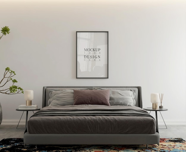 Mockup poster in modern contemporary bedroom