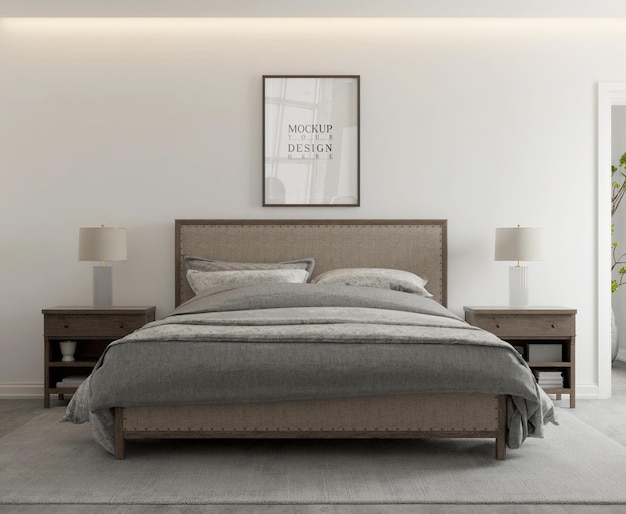 PSD mockup poster in modern contemporary bedroom