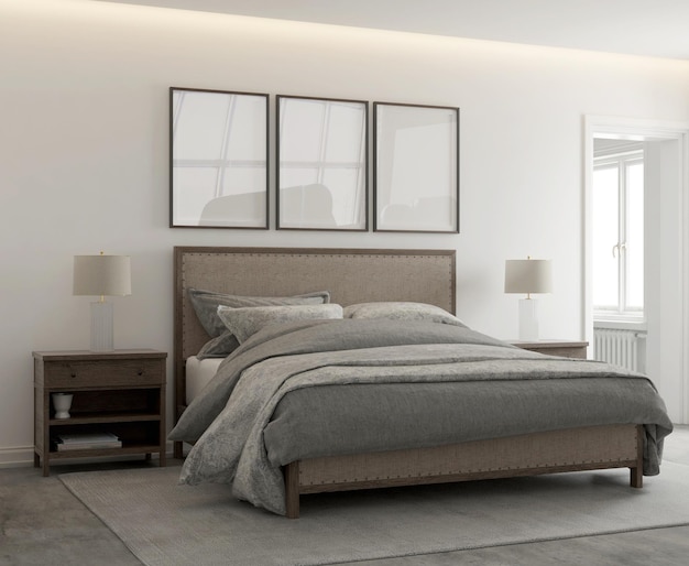 Mockup poster in modern contemporary bedroom