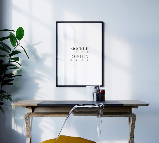 mockup poster in modern interior with desk focused on mockup frame