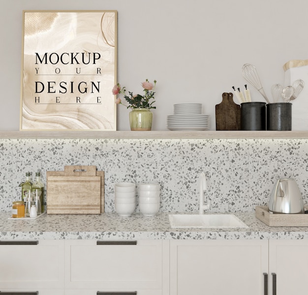 PSD mockup poster in modern kitchen  design