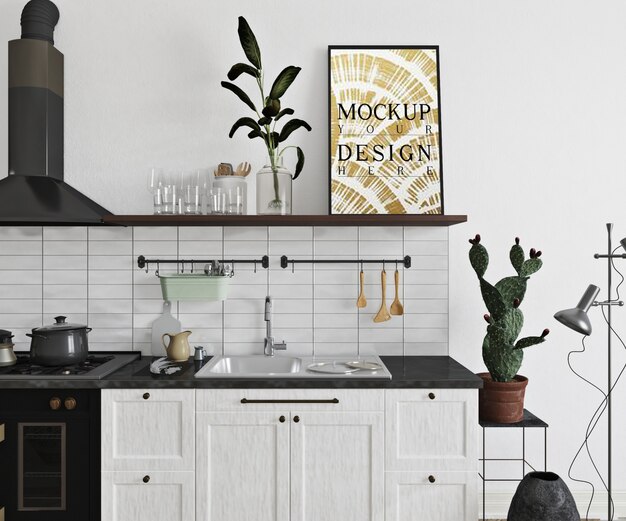Mockup poster in modern kitchen