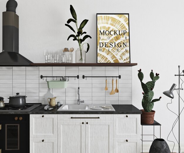 PSD mockup poster in modern kitchen