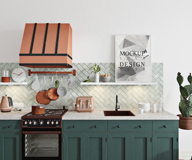 PSD mockup poster in modern kitchen