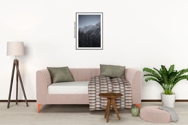 PSD mockup poster in modern living room interior design with empty wall