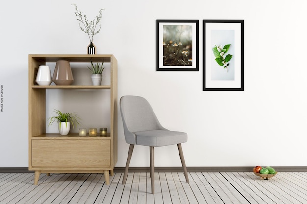 PSD mockup poster in modern living room interior design with empty wall