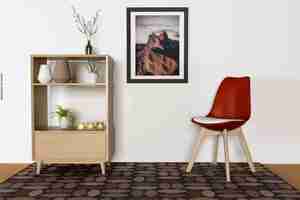 PSD mockup poster in modern living room interior design with empty wall