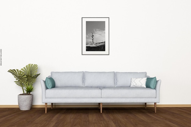 PSD mockup poster in modern living room interior design with empty wall