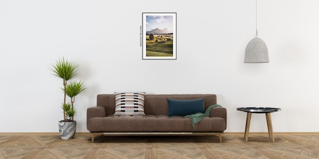 Плакат-макет в современном дизайне интерьера гостиной с пустой стеной