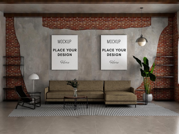 Mockup poster op betonnen en bakstenen muur met loft woonkamer