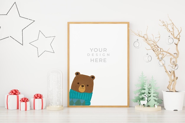 Mockup poster photo frame with christmas decoration. 3D rendered.