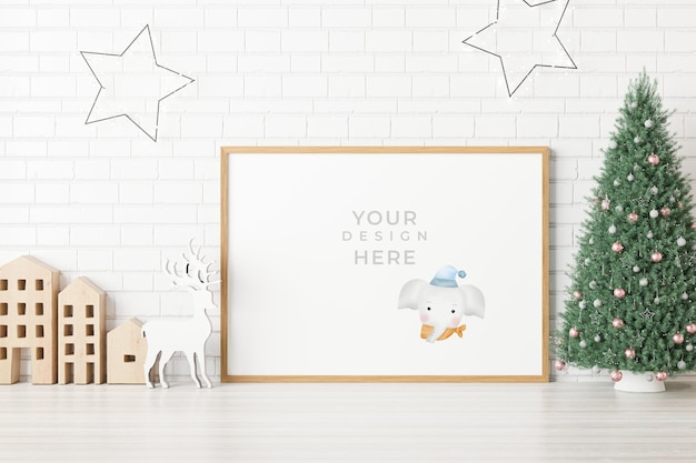 Mockup poster photo frame with christmas decoration. 3D rendered.