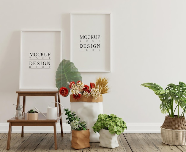 Mockup poster in simple interior with decorations and flowers