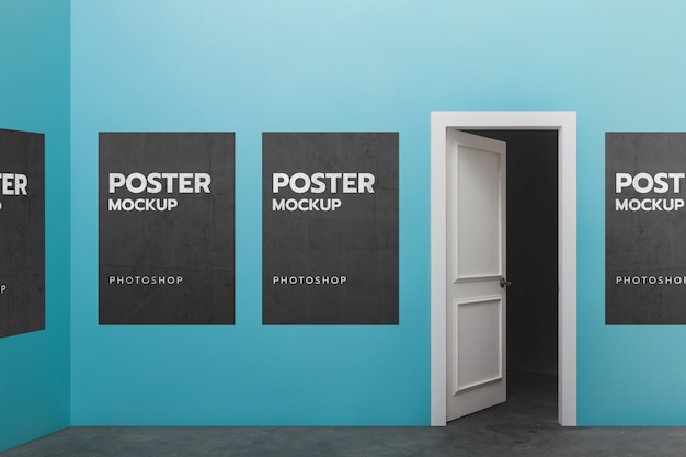 PSD mockup poster on wall and door open