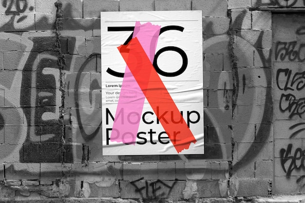 PSD mockup of poster on wall with black and white graffiti