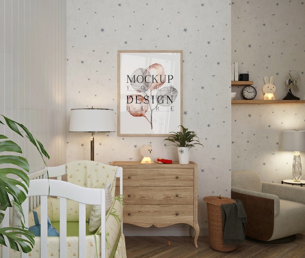 Mockup posterframe in eenvoudige witte babykamer