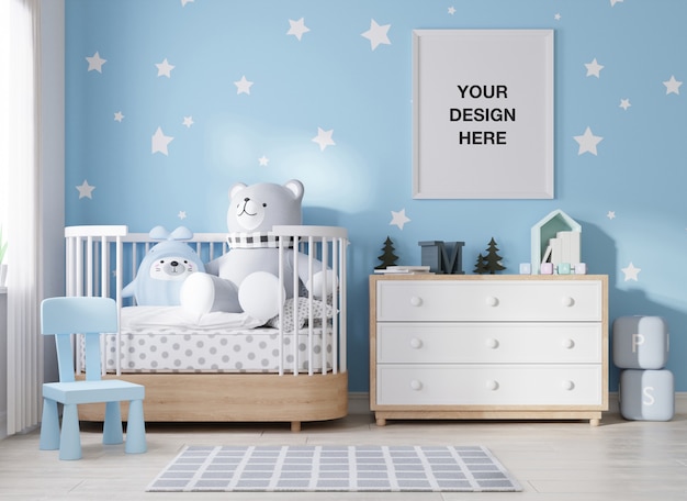 PSD mockup posterframe in kinderkamer 3d-rendering