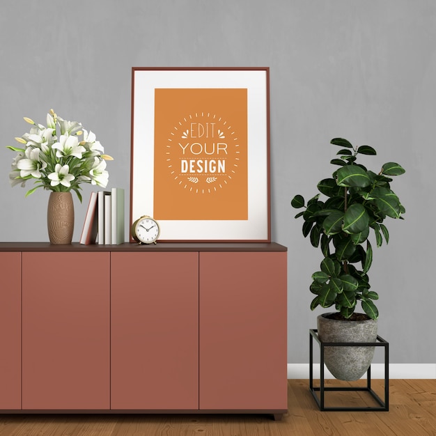 Mockup posterframe met huisdecoratie in het moderne interieur van de woonkamer.