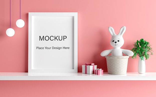 Mockup posterframe met schattig konijn voor een meisje babydouche 3d-rendering