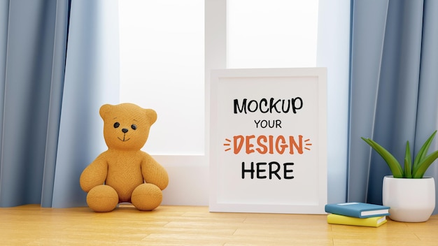 Mockup posterframe met schattige teddybeer voor een babydouche 3d-rendering