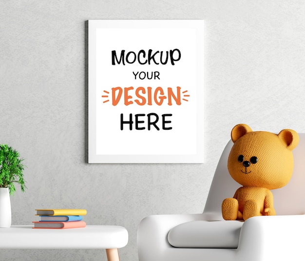 Mockup posterframe met schattige teddybeer voor een babydouche 3D-rendering