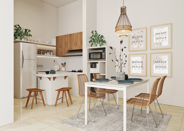 Mockup posters in moderne witte open keuken en eetkamer