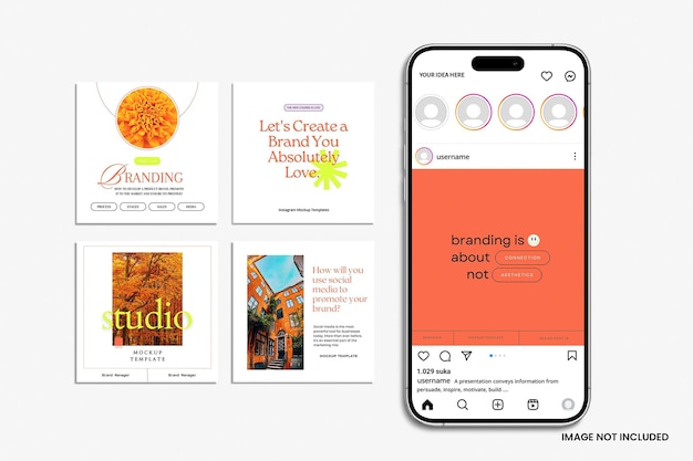 Mockup postów na Instagramie z makietą telefonu