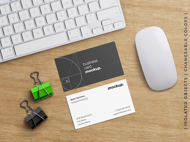 Mockup of professional stationery business cards office work concept on wooden table isolated